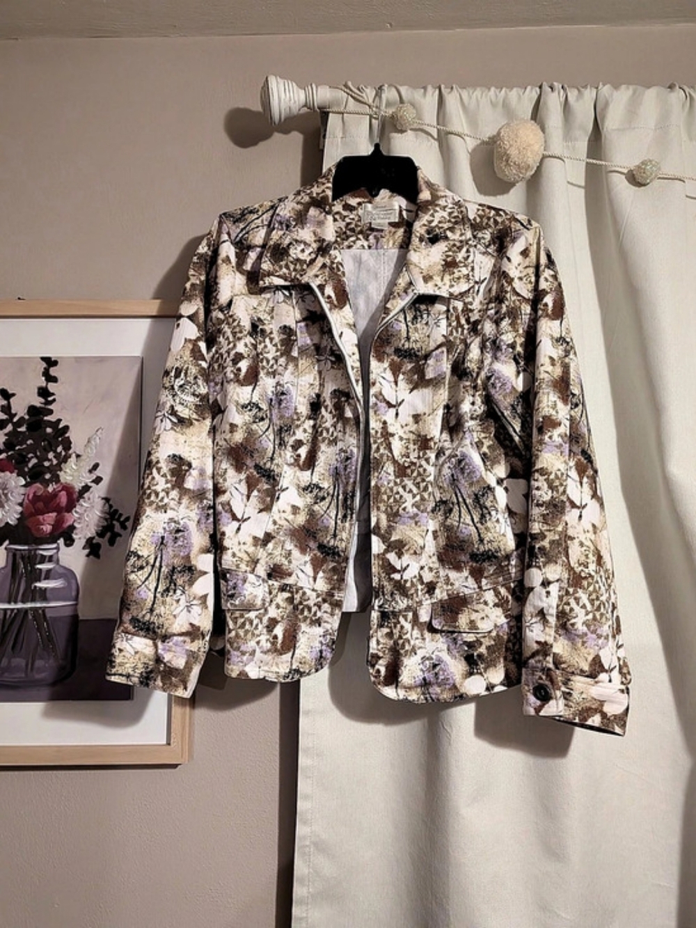 Christopher & Banks Floral Utility Jacket in Cream & Brown Size XL